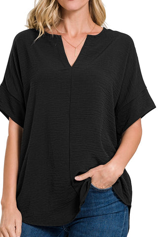 SHORT SLEEVE SPLIT NECK WOVEN TOP