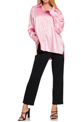 LONG SLEEVE RELAXED FIT SATIN BUTTON DOWN TOP WITH SHELL BUTTONS