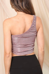 ONE SHOULDER GLITTER KNIT TOP WITH ROUCHED DETAIL