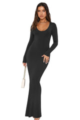 LONG SLEEVE SCOOP NECK RIBBED BODYCON MAXI WITH MERMAID FLARE