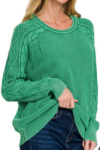 STONE WASHED CABLE-SLEEVE CREWNECK SWEATER