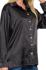 LONG SLEEVE RELAXED FIT SATIN BUTTON DOWN TOP WITH SHELL BUTTONS