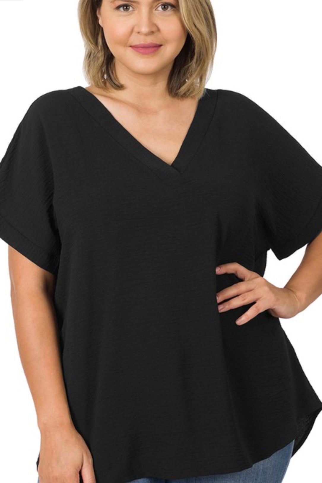 CURVY SHORT CUFF SLEEVE VNECK TOP WITH STRAIGHT HEM