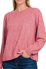 LONG SLEEVE SOFT MELANGE HACCI ROUND NECK TOP