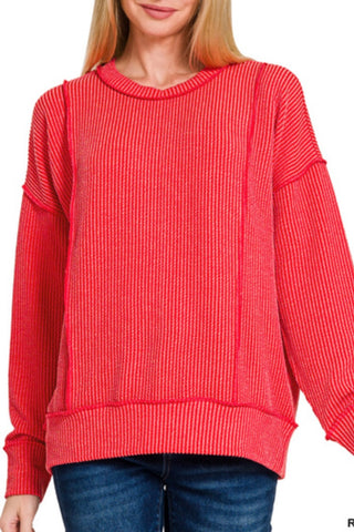 TWO TONE RIBBED DROP SHOULDER PULLOVER TOP