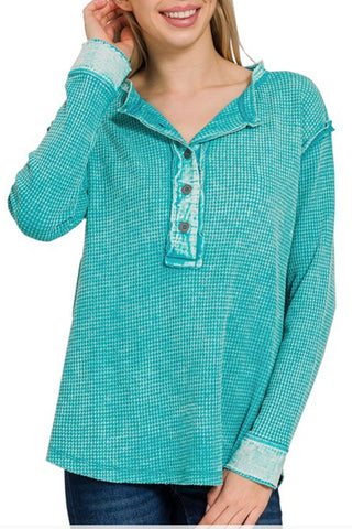 LONG SLEEVE MINERAL WASH BABY WAFFLE HENLEY