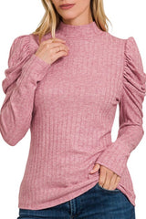 LONG PUFF SLEEVE RIBBED MOCK NECK TOP