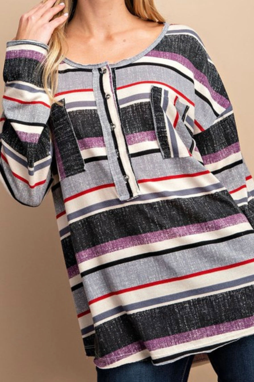 LONG SLEEVE STRIPED HENLEY WITH POCKET DETAIL