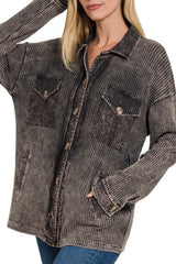 LONG SLEEVE ACID WASH WAFFLE KNIT JACKET WITH CONTRAST DETAIL