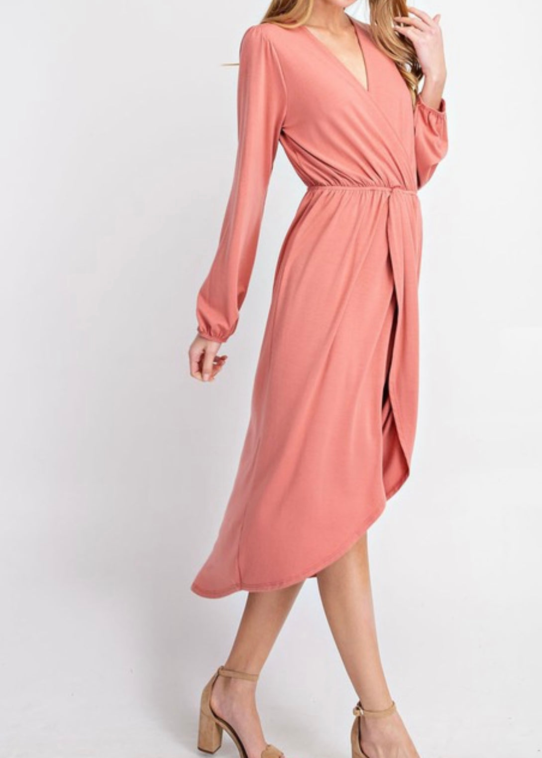 Bubble Sleeve Faux Wrap Midi Dress L / Mauve Bubble Sleeve Faux Wrap Midi Dress L / Mauve
