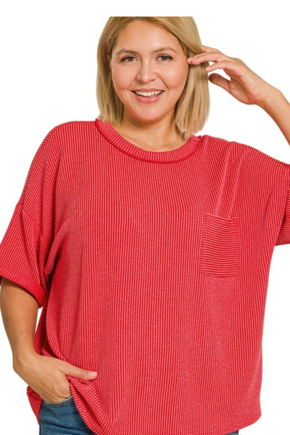 CURVY SHORT ROLL CUFF SLEEVE RIBBED TEE WITH POCKET