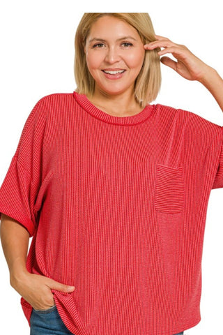 CURVY SHORT ROLL CUFF SLEEVE RIBBED TEE WITH POCKET