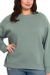 CURVY LONG SLEEVE CREW NECK SWEATSHIRT WITH RIBBED SIDE DETAILS