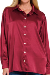 LONG SLEEVE RELAXED FIT SATIN BUTTON DOWN TOP WITH SHELL BUTTONS