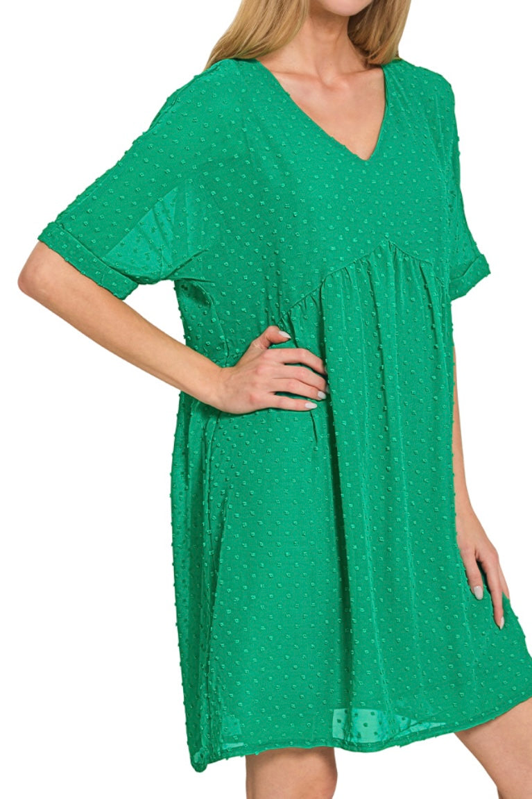 SHORT SLEEVE VNECK SWISS DOT DRESS