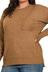 CURVY MELANGE HILO HEM ROUND NECK SWEATER