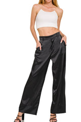 WIDE LEG SATIN PANTS WITH POCKETS