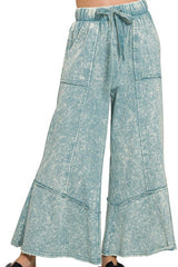 MINERAL WASH ELASTIC WAIST PANTS WITH PIECED HEM DETAILS