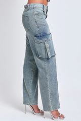 HIRISE ADJUSTABLE WAIST CARGO STRAIGHT LEG JEANS WITH FRONT SEAM DETAIL