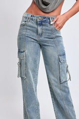 HIRISE ADJUSTABLE WAIST CARGO STRAIGHT LEG JEANS WITH FRONT SEAM DETAIL