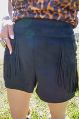 VEGAN SUEDE SHORTS WITH FRINGE DETAIL AND ELASTIC BACK