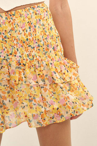CHIFFON FLORAL SMOCKED WAIST TIERED SKIRT