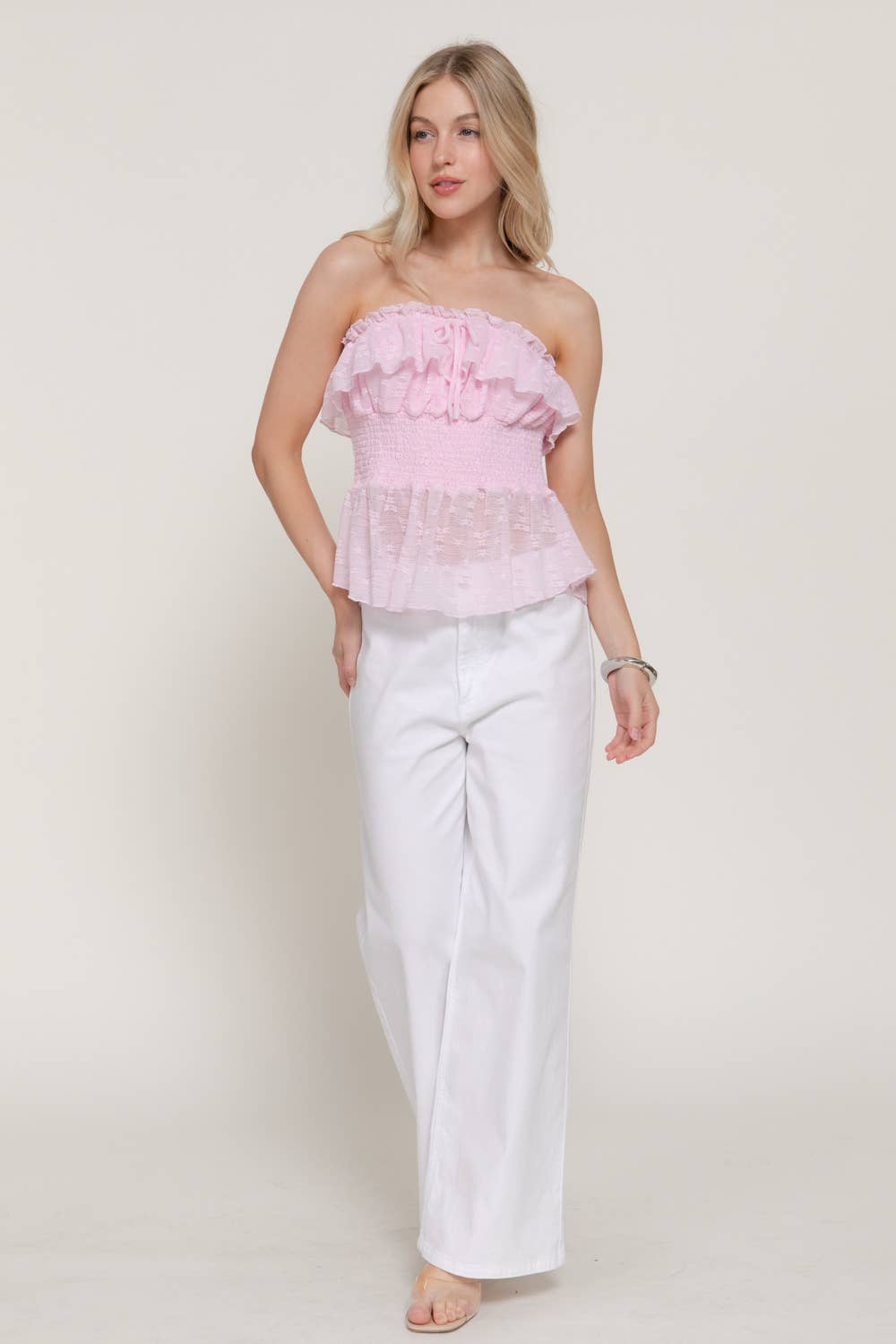 Waist Smocking & Ruffle Detail Stretch lace Tue Top