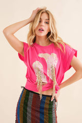 SHORT SLEEVE FOIL COWBOY BOOTS GRAPHIC TEE WITH FRINGE DETAIL