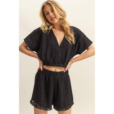 CROCHET VNECK FAUX WRAP TOP WITH ELASTIC HEM