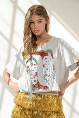 SEQUIN WESTERN BOOT WITH FRINGE COTTON TSHIRT WITH SIDE SLITS