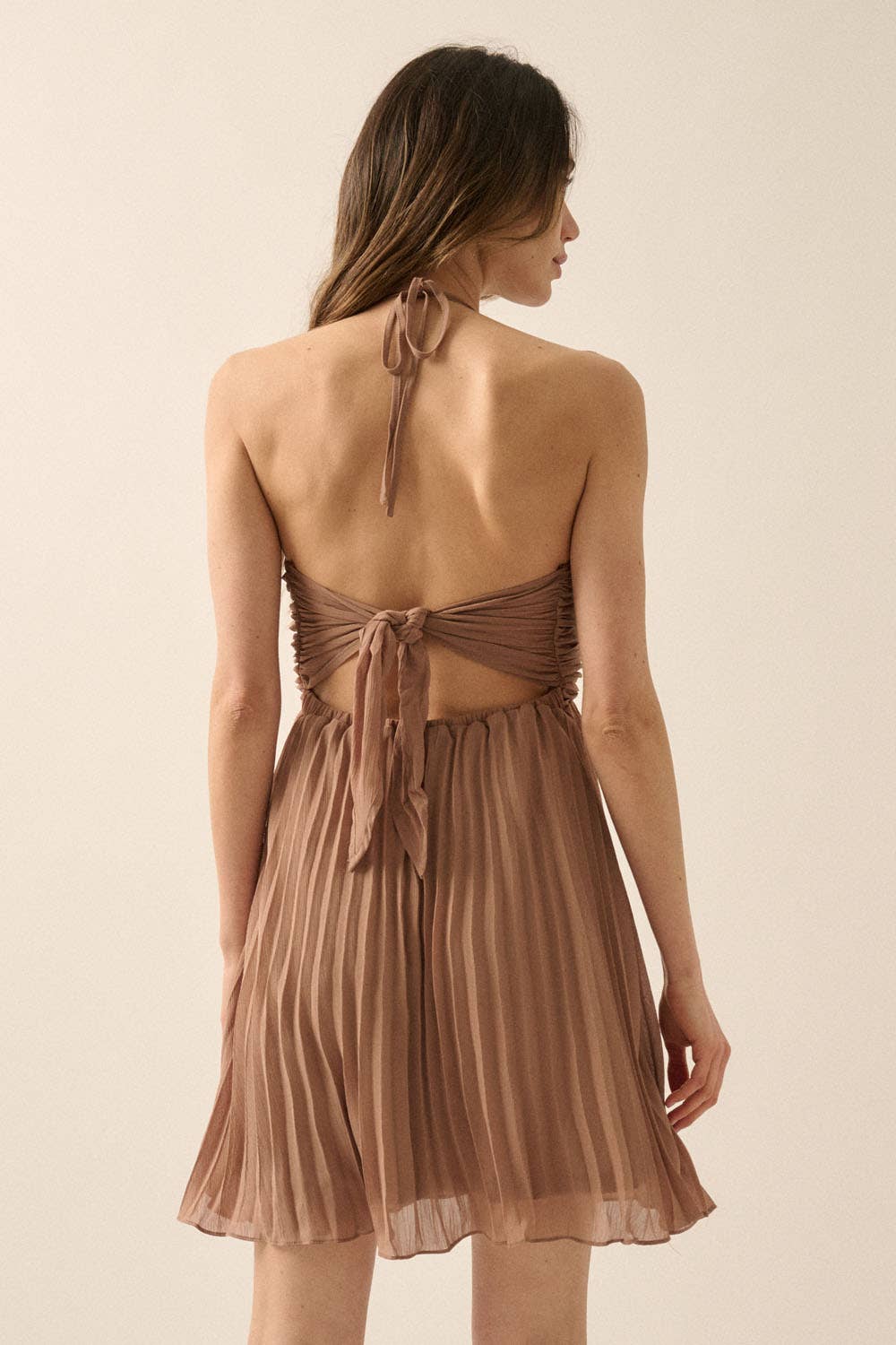 PLEATED HALTER DRESS WITH TIE BACK DETAIL