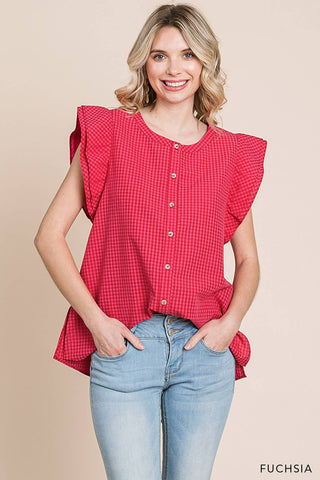 FLUTTER SLEEVE CHECKED BUTTON DOWN TOP