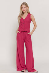 V-Neck Button Closure Vest & Long Pants Set