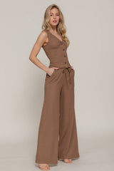 V-Neck Button Closure Vest & Long Pants Set