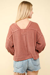 LONG BUBBLE SLEEVE DROPPED SHOULDER PULLOVER WITH TWO TONE RIBBED DETAIL