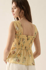 FLORAL CHIFFON TANK WITH SMOCKED BODICE