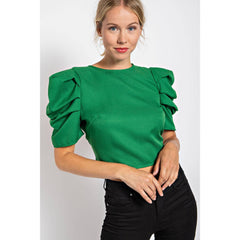 PLEATED PUFF SLEEVE TOP WITH OPEN BACK