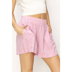 HIRISE ELASTIC WAIST SHORTS WITH SEAM DETAIL AND POCKETS