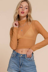 LONG SLEEVE MOCK NECK MESH TOP