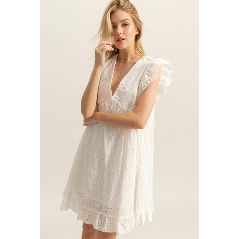 FLUTTER SLEEVE VNECK EYELET DRESS