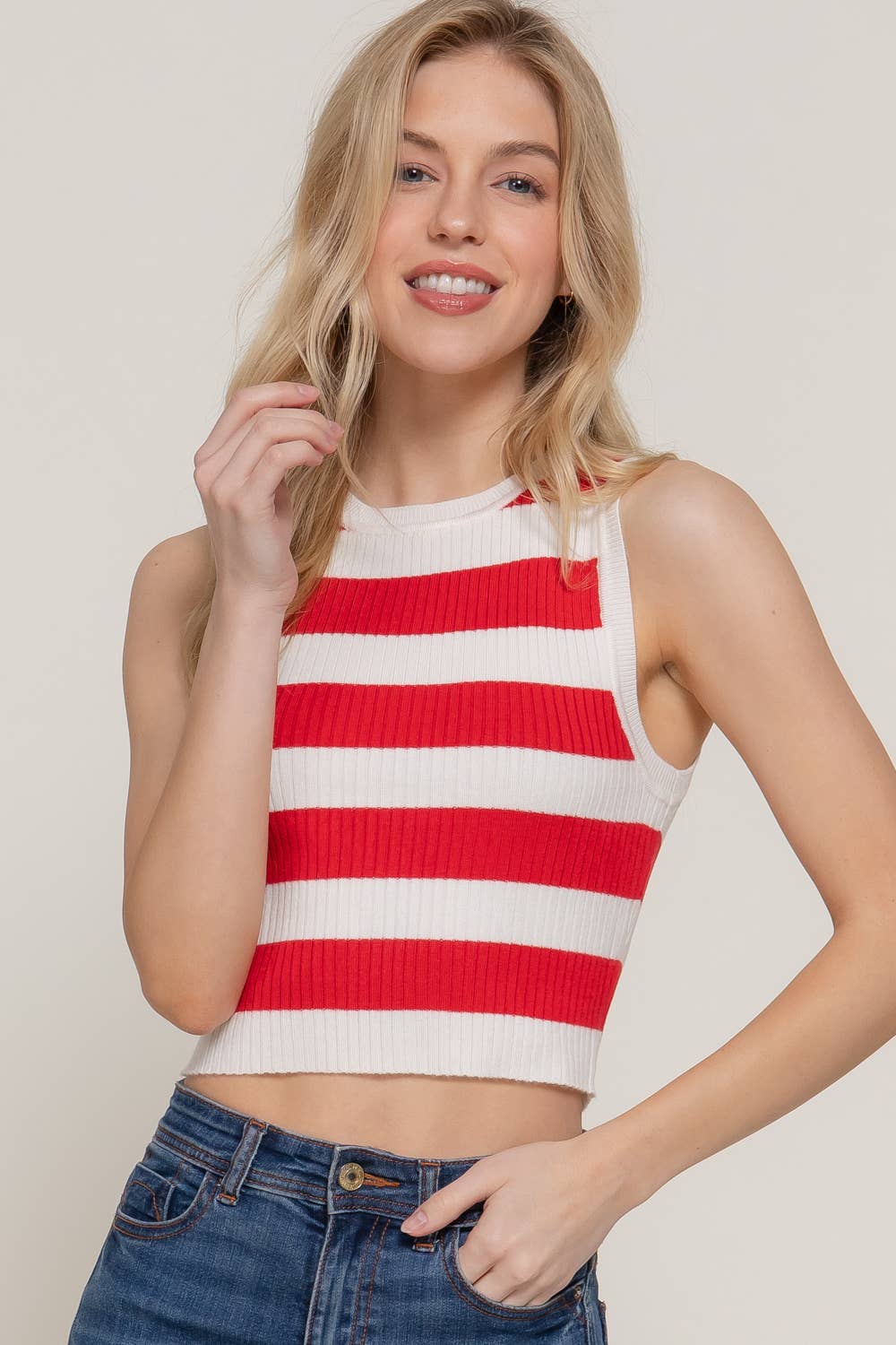 Sleeveless Round Neck Stripe Spring Sweater
