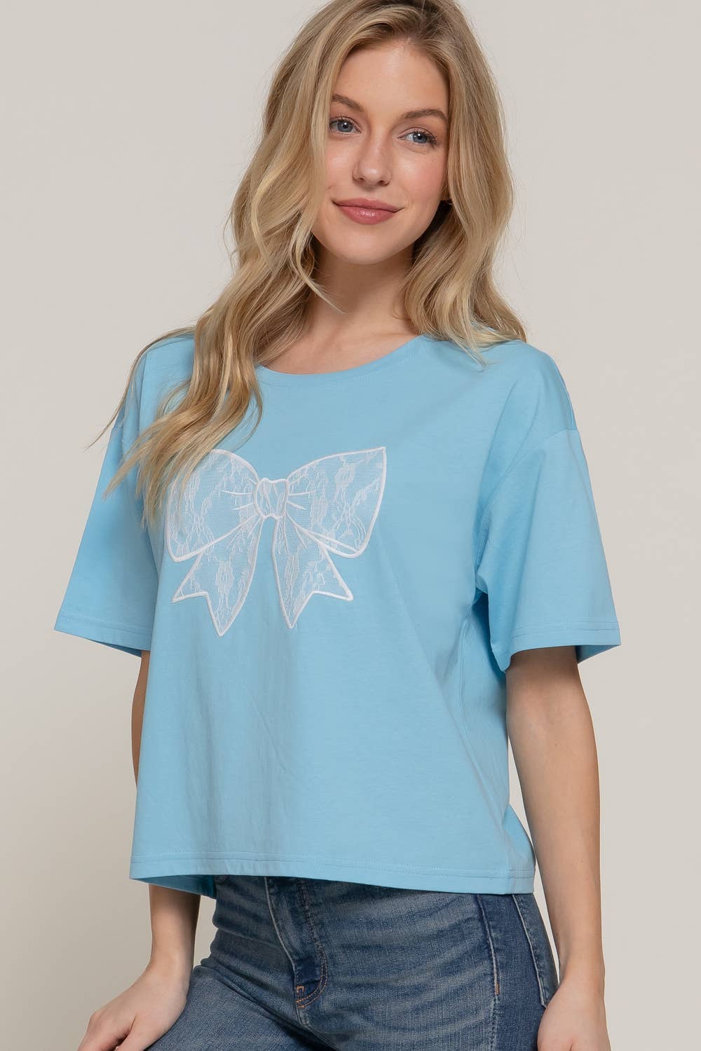 Short Sleeve Crew Neck Lace Patch Oversize Cotton Jersey Top