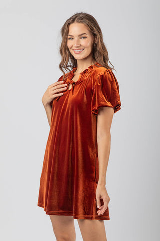 SHORT PUFF SLEEVE VELVET DRESS WITH TIE NECK DETAIL