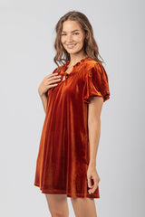 SHORT PUFF SLEEVE VELVET DRESS WITH TIE NECK DETAIL