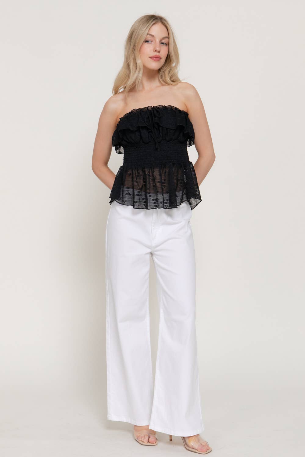 Waist Smocking & Ruffle Detail Stretch lace Tue Top