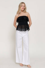 Waist Smocking & Ruffle Detail Stretch lace Tue Top