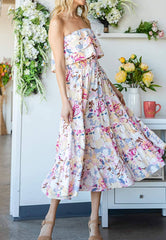 FLORAL PRINT STRAPLESS TIERED DRESS