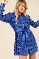 LONG SLEEVE SATIN PLEATED BUTTON DOWN BELTED DRESS