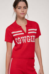 Jacquard Front Short Sleeve polo Knit Top