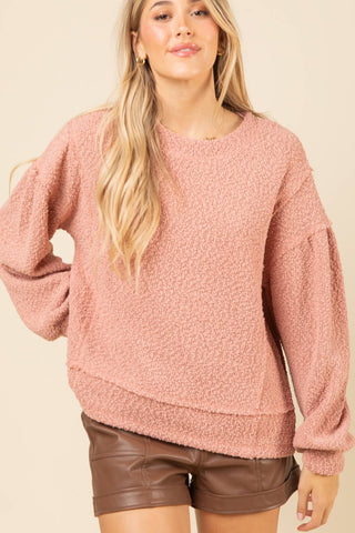 LONG SLEEVE ROUND NECK TEXTURED KNIT PULLOVER TOP